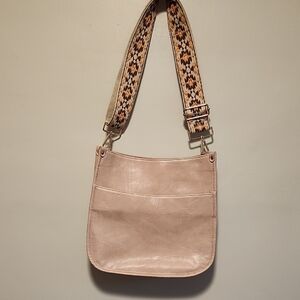 Stylish Blush Pink Vegan Leather Shoulder Bag with Patterned Guitar Strap